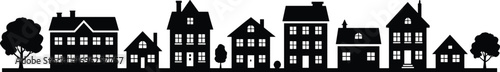 Silhouette of houses with windows and doors, trees on sides, residential neighborhood, black and white vector, architecture design, home buildings