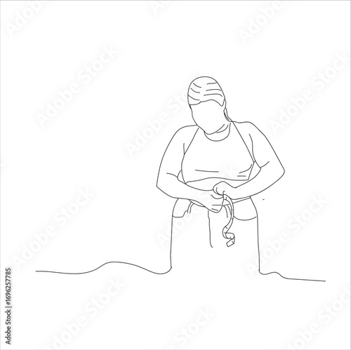 woman measuring her stomach. line art