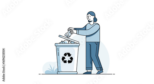 Illustration of a person disposing of waste in a recycling bin, promoting environmental awareness and responsible waste management practices for a cleaner planet