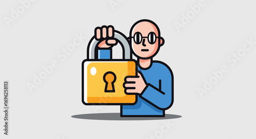 Vector illustration of a character holding a large padlock, symbolizing data privacy, cybersecurity, and information protection