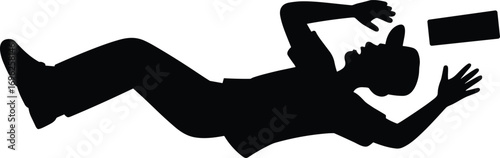 Silhouette of man slipping and falling backward, workplace accident, emergency situation, safety concept, smartphone flying from hand