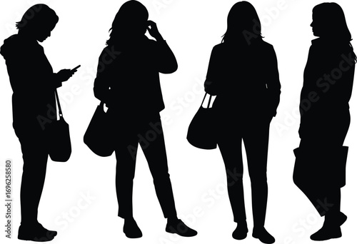 Silhouettes of young women, standing pose, casual clothing, female group, holding handbags, fashion concept, side view, isolated on white, modern urban lifestyle, shadow figure.