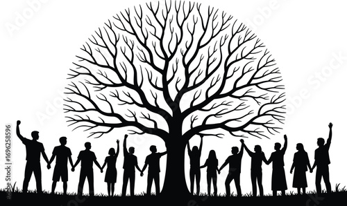 Family tree illustration, people holding hands, nature unity concept, community support, group silhouette, growing together, strong roots, life tree art, connected generation, peaceful harmony.