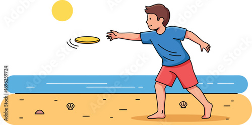 Cartoon illustration of a young boy throwing a yellow frisbee.
