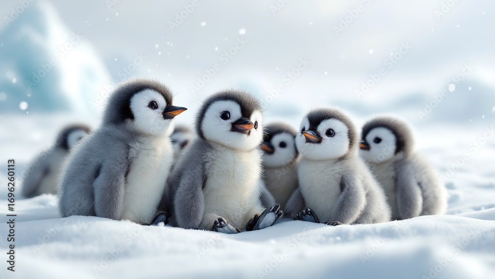 Fototapeta premium A heartwarming group of adorable fluffy baby penguin chicks huddling together for warmth in a snowy arctic landscape