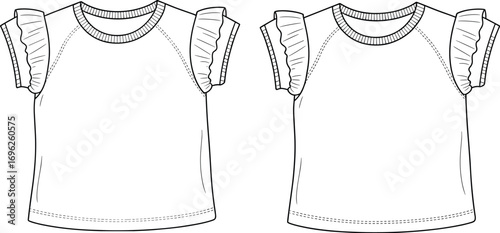 Girls flutter sleeve top flat sketch, kids ruffle sleeve t-shirt design, fashion CAD drawing, vector illustration template