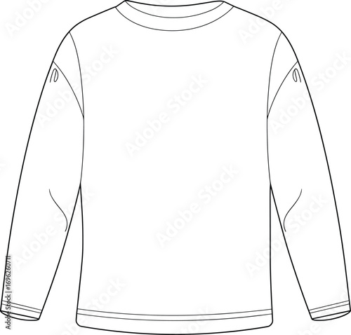 Long sleeve sweatshirt, casual top, relaxed fit, crew neckline, simple design, unisex clothing, cozy wear, front view, fashion flat, CAD drawing, vector illustration, minimal style, 