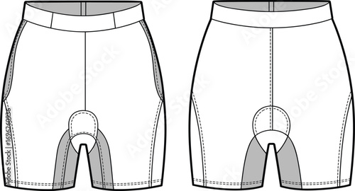 Men’s cycling shorts with padded seat, elastic waistband, side panels, technical flat sketch, sportswear design, comfortable athletic wear vector illustration