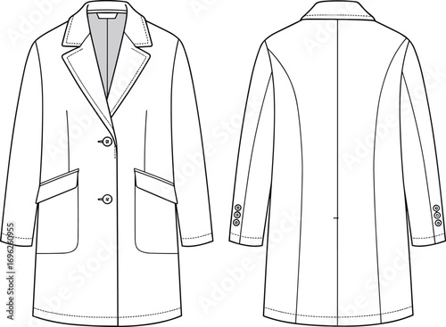 Long women's coat flat sketch, buttoned front, lapel collar, formal outerwear design, technical fashion drawing for winter wear
