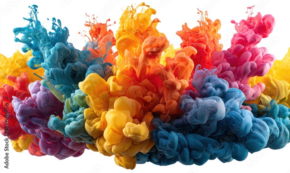 Obraz premium Multicolored vibrant inks blend and swirl upwards against a pure white background, creating an abstract cloud-like effect with layered hues