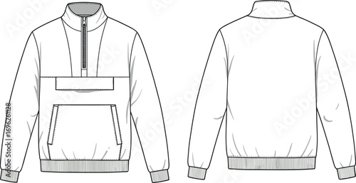 Men’s pullover jacket with half zipper, ribbed cuffs and hem, front pocket pouch, casual sportswear, relaxed fit, technical flat vector illustration