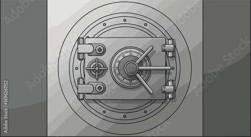 Heavy steel bank vault door with combination lock illustration.