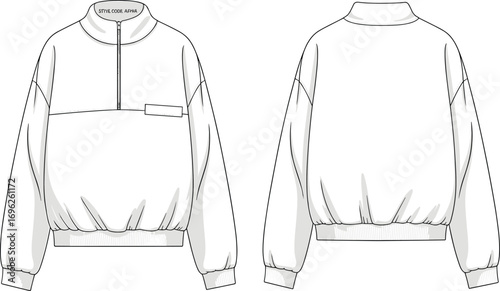 Men’s pullover sweatshirt with half zip, ribbed cuffs and hem, relaxed fit, front pocket detail, casual sportswear, technical flat vector illustration