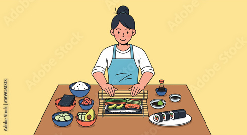 Illustrated woman in an apron preparing delicious homemade sushi rolls.