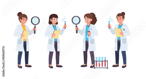 Four female scientists in lab coats conducting research, examining samples and taking notes.
