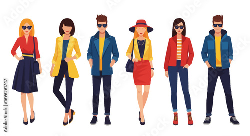 Five stylishly dressed people stand in a row, showcasing diverse fashion styles and colors.