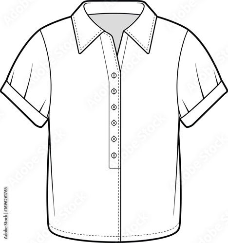 Short sleeve shirt flat sketch, front view, button-up design, collar shirt, cad drawing, fashion template, vector illustration, garment