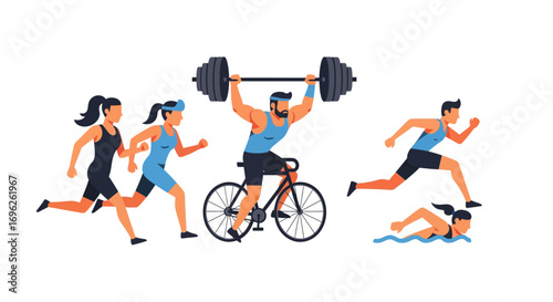 A diverse group of people engaging in various athletic activities, including running, cycling, and weightlifting.