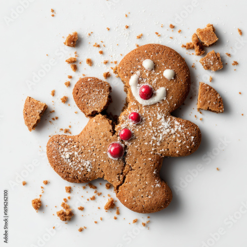 A gingerbread man cookie with red dots, broken in half, with pieces of gingerbread scattered around it on a white background