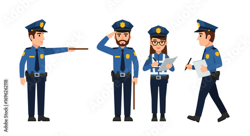 Four diverse police officers in uniform performing various duties: directing traffic, saluting, writing reports, and patrolling.