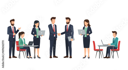 Business professionals in suits engaged in various collaborative activities, including handshakes and laptop use.