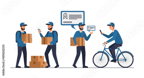 Delivery personnel in various stages of package delivery, from carrying boxes to using mobile devices.