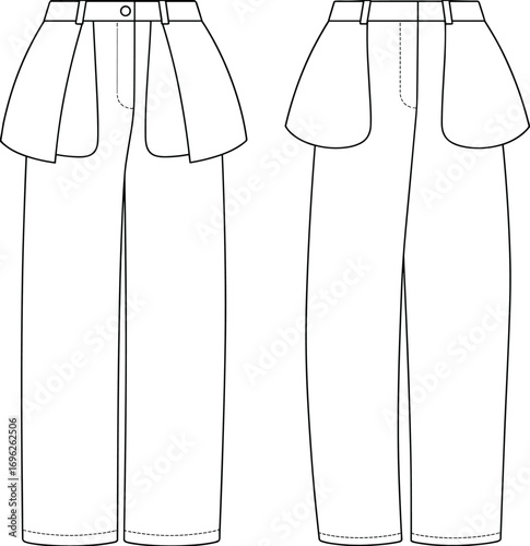 Women’s high-waisted wide-leg pants with attached front flaps, fashion flat sketch, casual garment technical drawing, vector clothing illustration