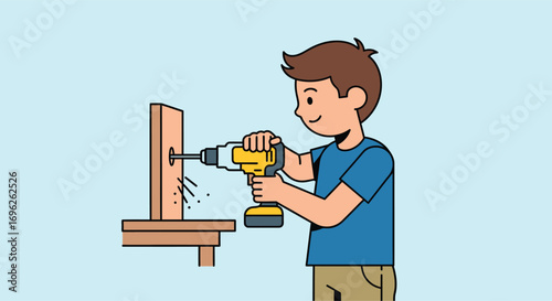 Young boy using a cordless power drill for woodworking.