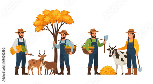 Farmers tending to crops and livestock, showcasing harvest and farm life.