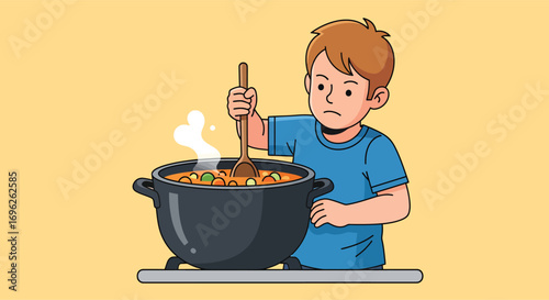 Young boy with a serious expression stirs a large steaming pot of soup.