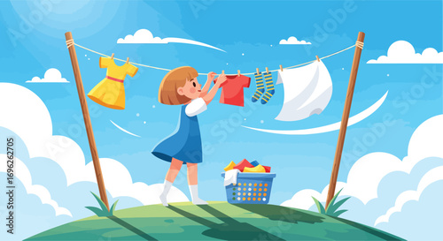 Young girl hanging freshly washed clothes on a clothesline.