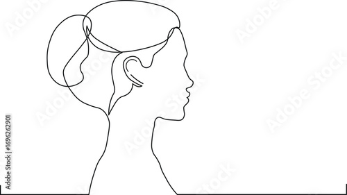 Elegant one-line drawing of a woman's profile with a stylish ponytail, perfect for minimalist designs, beauty blogs, and modern art projects, with a clean and sophisticated aesthetic