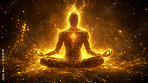 Spiritual glowing figure meditating in energy explosion
