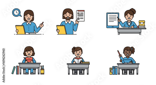 Six illustrated figures of teachers and students at desks, engaged in various activities.