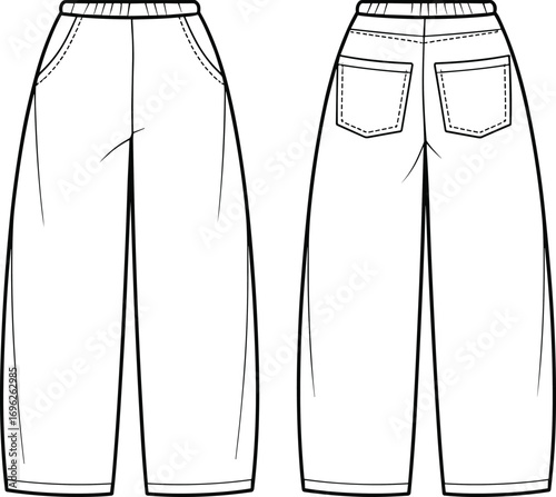 Women’s wide leg pants with elastic waistband and pockets, casual comfortable trousers, fashion design, flat vector CAD drawing illustration