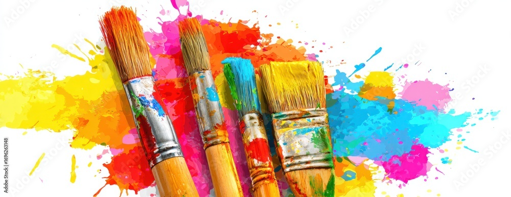 Obraz premium Artful image showing paintbrushes with colored paint splatters creating a vibrant, artistic display on a white background