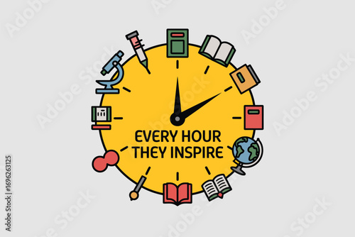 A clock face with educational icons around the edge and text every hour they inspire in center
