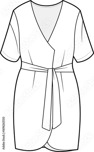 Wrap dress with belt flat sketch, short sleeve tunic dress vector, fashion CAD template, technical flat illustration for designers
