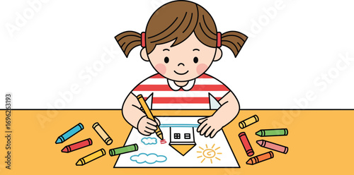 A cute cartoon girl with pigtails happily drawing a picture of a house with colorful crayons.
