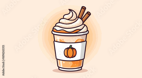 A delicious pumpkin spice latte with whipped cream and cinnamon sticks.