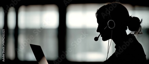 Silhouetted woman with a headset works at a computer; soft, blurred window light in background. Dark, moody, telecommunications concept