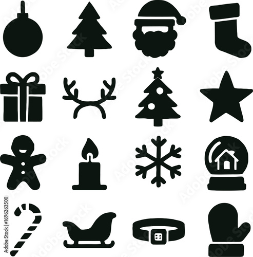 Black silhouette icons set of Christmas and travel symbols