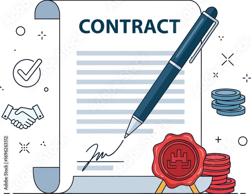 Business Contract Signing with Pen and Wax Seal Illustration.