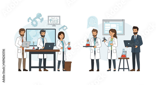 Two laboratory scenes depicting scientists conducting experiments and analyzing data with equipment.
