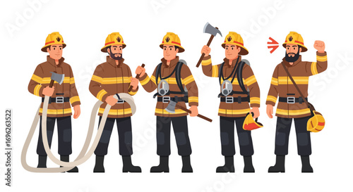 Five firefighters in uniform stand with equipment, including hoses and axes, ready for action.