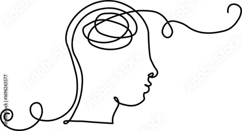 Unraveling thoughts with minimalist line art, a captivating symbol of creativity and mental process for self-discovery, therapy, or modern design projects, showcasing human intellect
