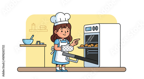 Cartoon girl in a chef uniform baking delicious pastries.