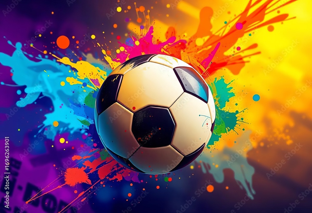 Naklejka premium Abstract soccer ball, vibrant color splashes, dynamic design, art, soccer