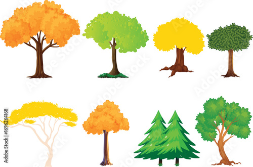 Different seasonal trees illustration set – green summer, yellow autumn, bare winter