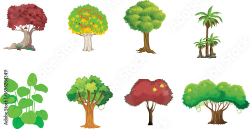 Different seasonal trees illustration set – green summer, yellow autumn, bare winter